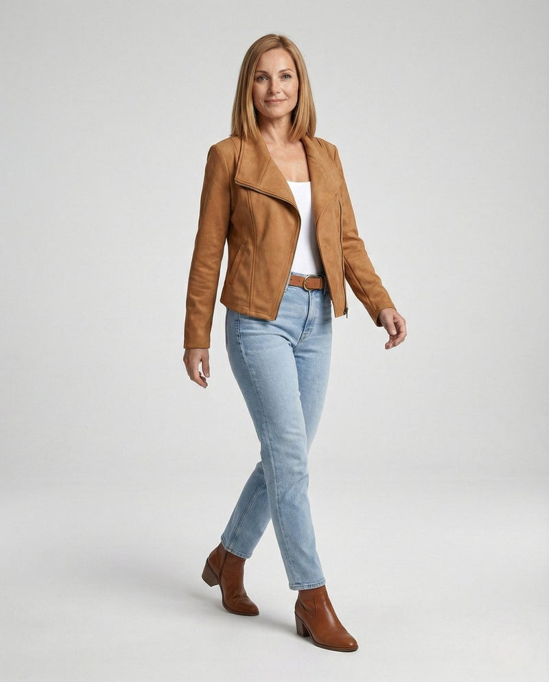 Winifred | Women's Leather Jacket – Asymmetric-Zip Suede-Look Biker