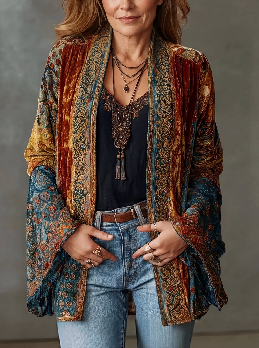 Theodora | Women's Quilted Jacket – Boho Vintage Loose-Fit Kimono view 3