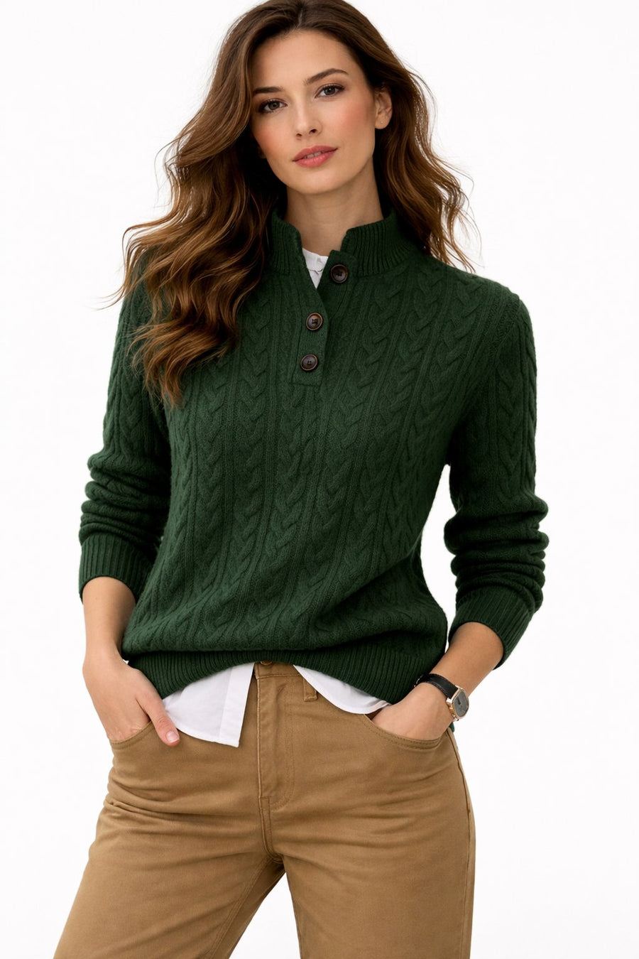 Octavia | Women's Winter Sweater – Wool-Blend Cable Knit Button Collar view 2