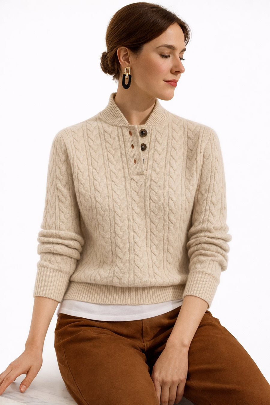 Octavia | Women's Winter Sweater – Wool-Blend Cable Knit Button Collar view 4