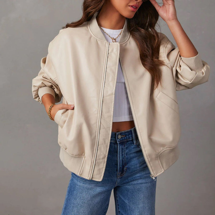 Odette | Women's Bomber Jacket – Relaxed Faux Leather Zip-Up view 2