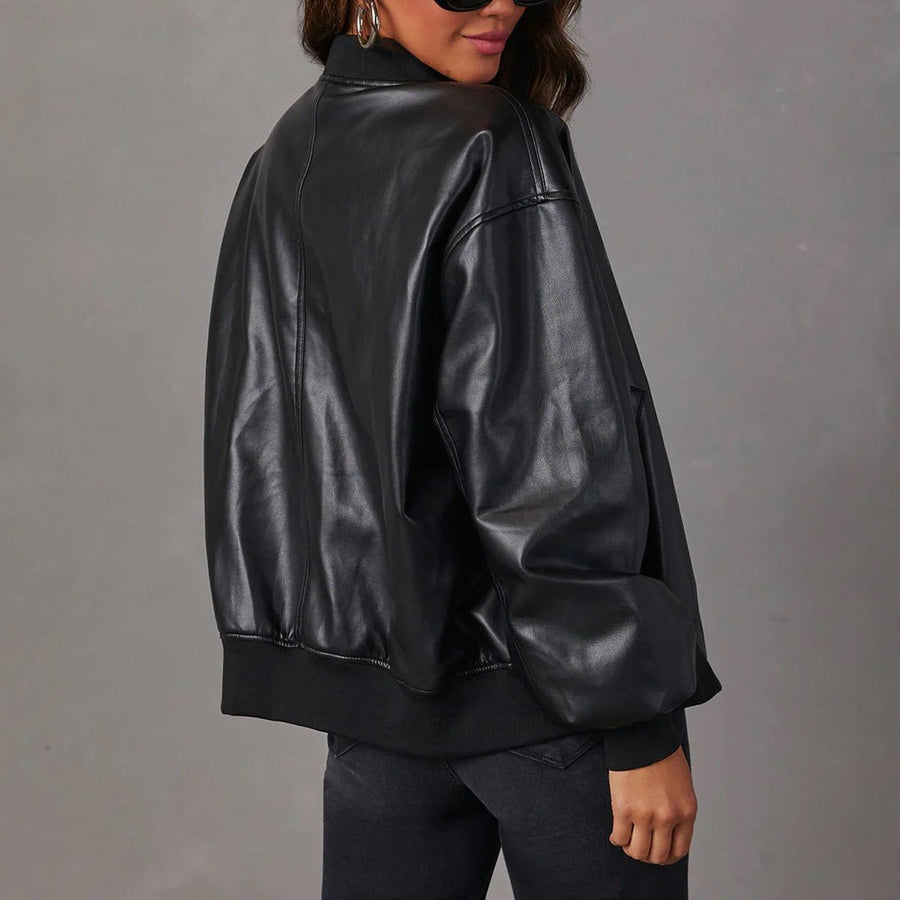 Odette | Women's Bomber Jacket – Relaxed Faux Leather Zip-Up view 5