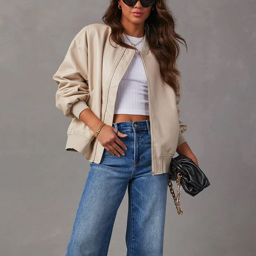 Odette | Women's Bomber Jacket – Relaxed Faux Leather Zip-Up view 6