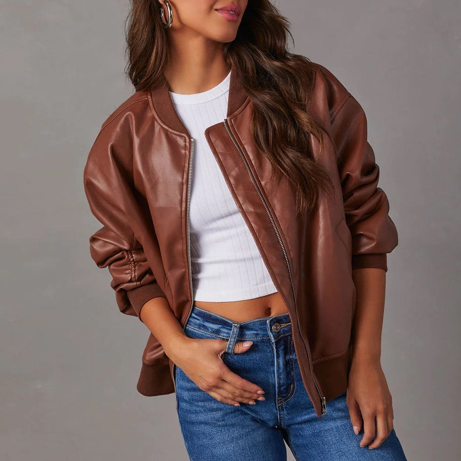 Odette | Women's Bomber Jacket – Relaxed Faux Leather Zip-Up view 7