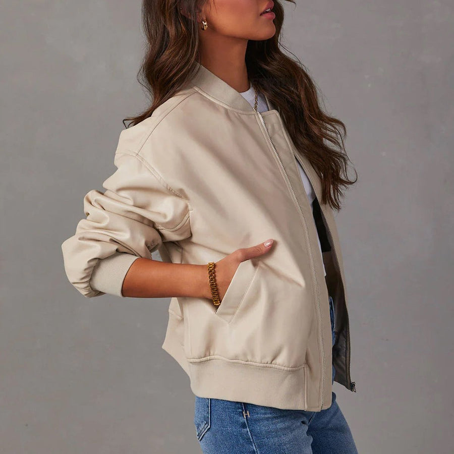 Odette | Women's Bomber Jacket – Relaxed Faux Leather Zip-Up view 8
