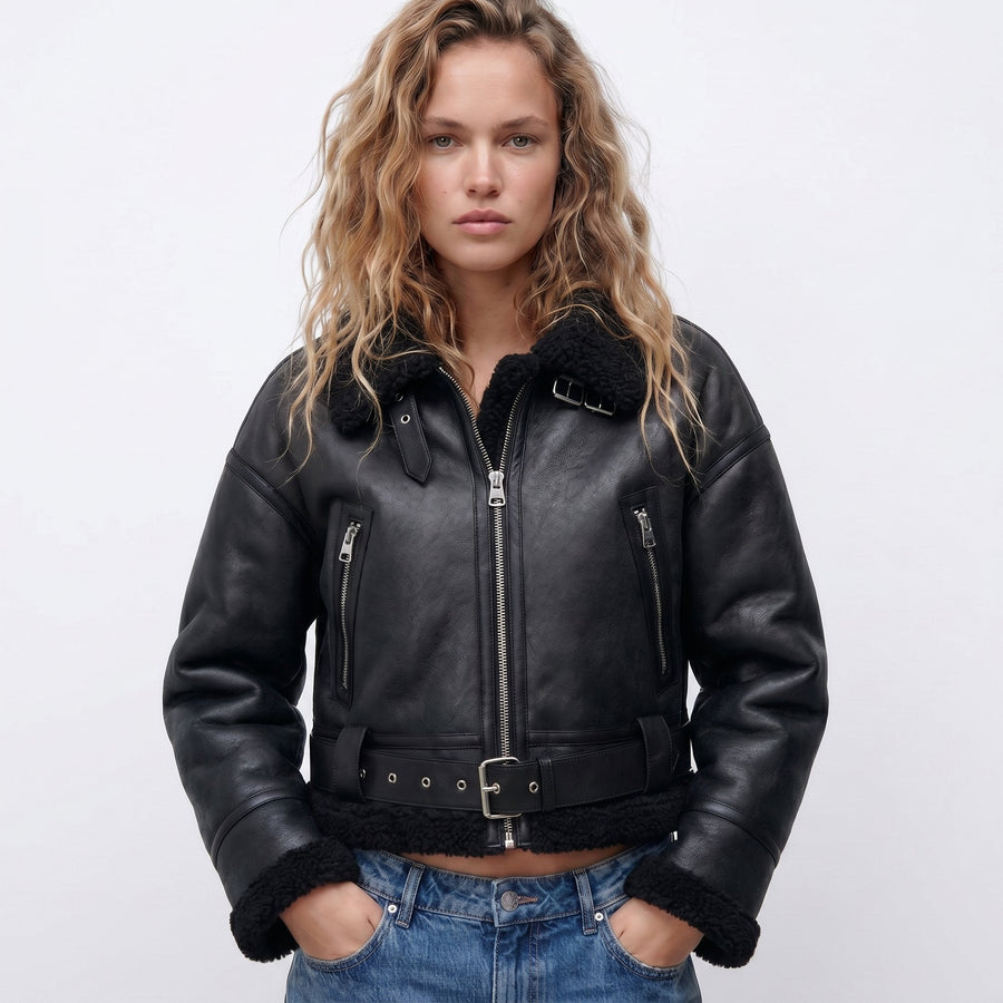 Thea | Women's Shearling Jacket – Double-Sided Bomber view 3