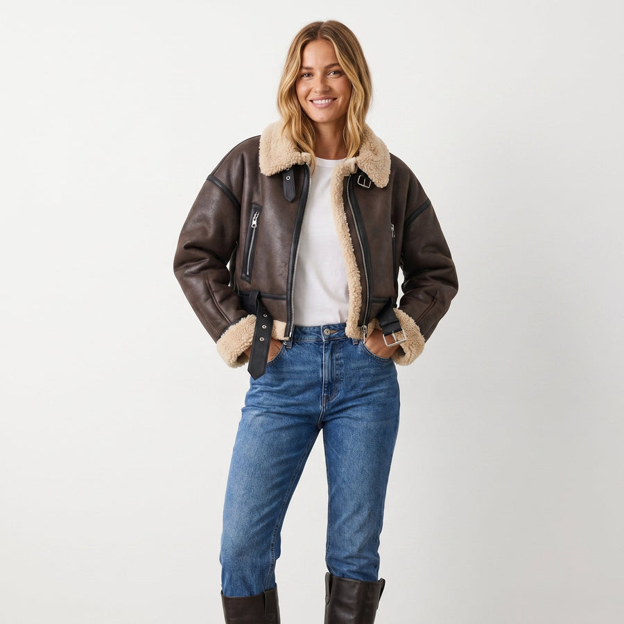 Thea | Women's Shearling Jacket – Double-Sided Bomber view 5