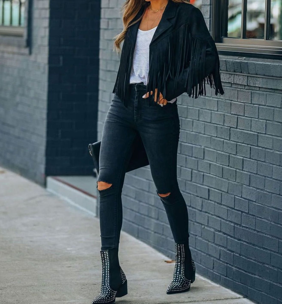 Primrose | Women's Leather Jacket – Fringed Suede Cropped Moto view 4