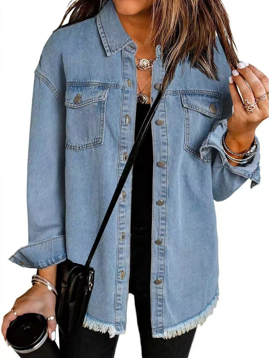 Margot | Women's Denim Jacket – Oversized Longline Frayed Hem view 2