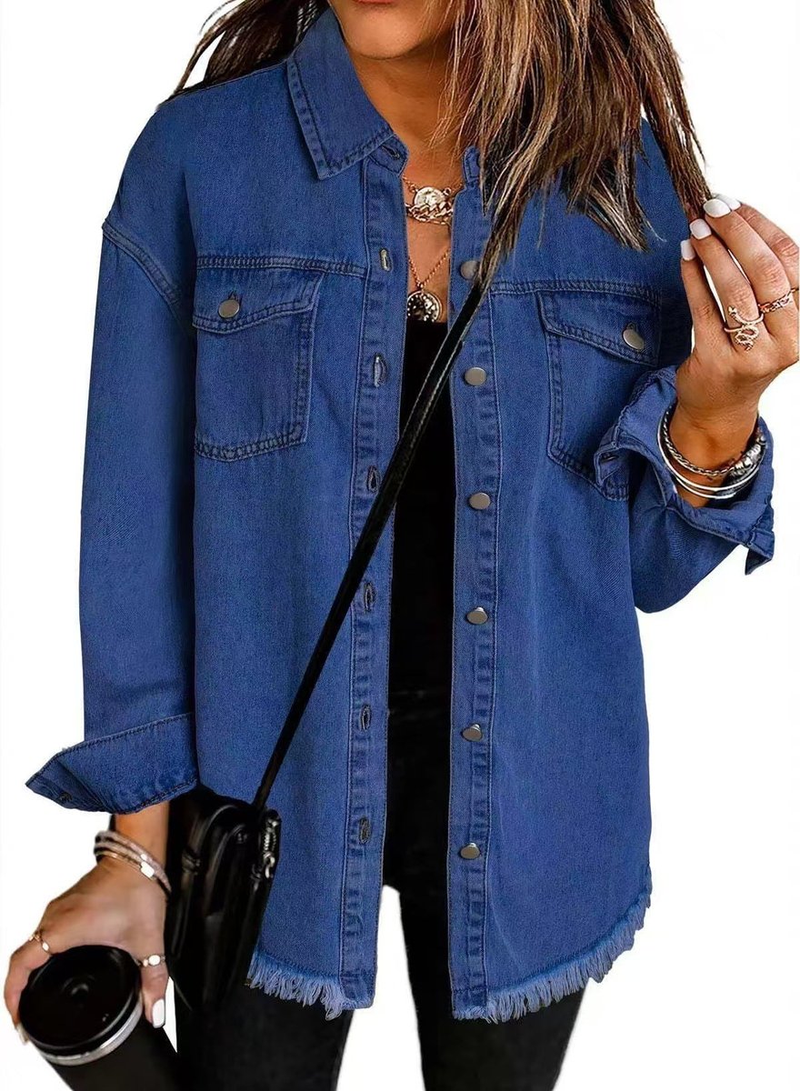 Margot | Women's Denim Jacket – Oversized Longline Frayed Hem view 3