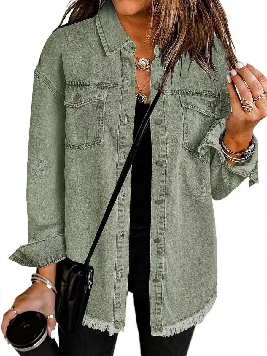 Margot | Women's Denim Jacket – Oversized Longline Frayed Hem view 4