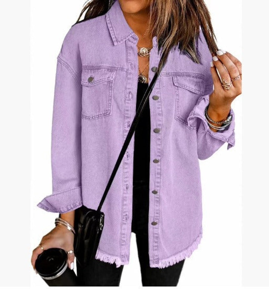 Margot | Women's Denim Jacket – Oversized Longline Frayed Hem view 6