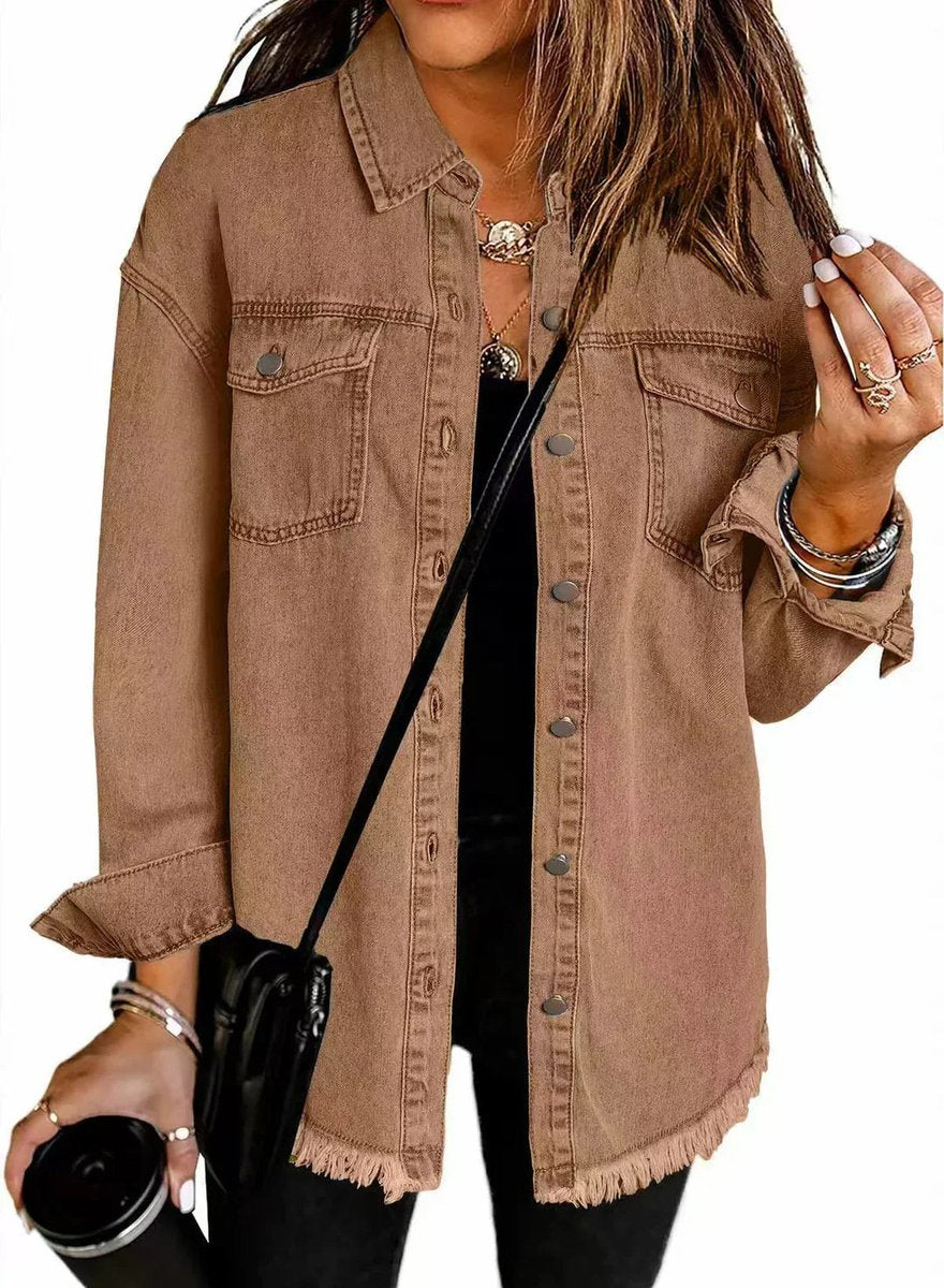 Margot | Women's Denim Jacket – Oversized Longline Frayed Hem view 7