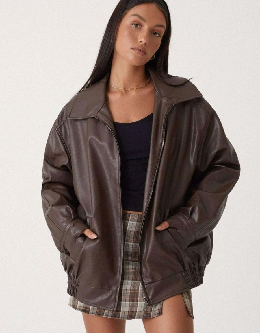 Sybil | Women's Bomber Jacket – Oversized Faux Leather Zip-Up view 1