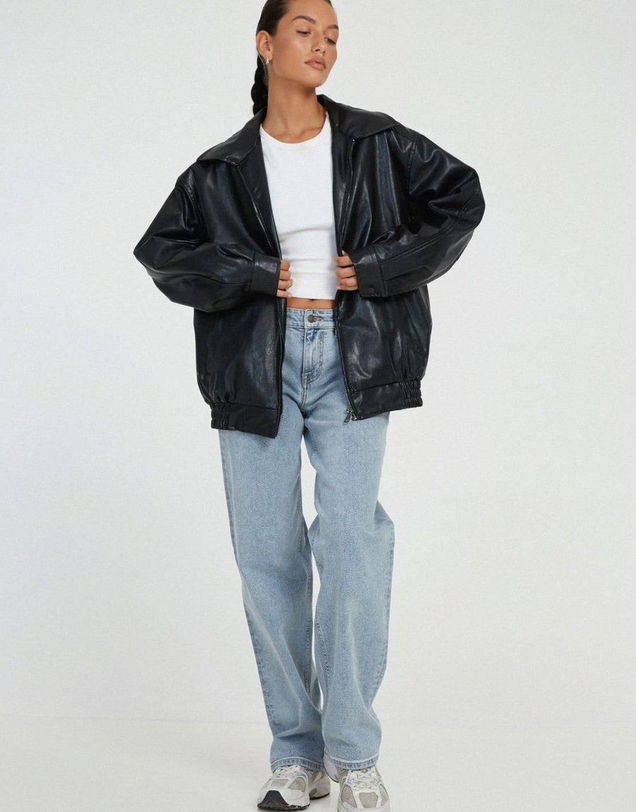 Sybil | Women's Bomber Jacket – Oversized Faux Leather Zip-Up view 5