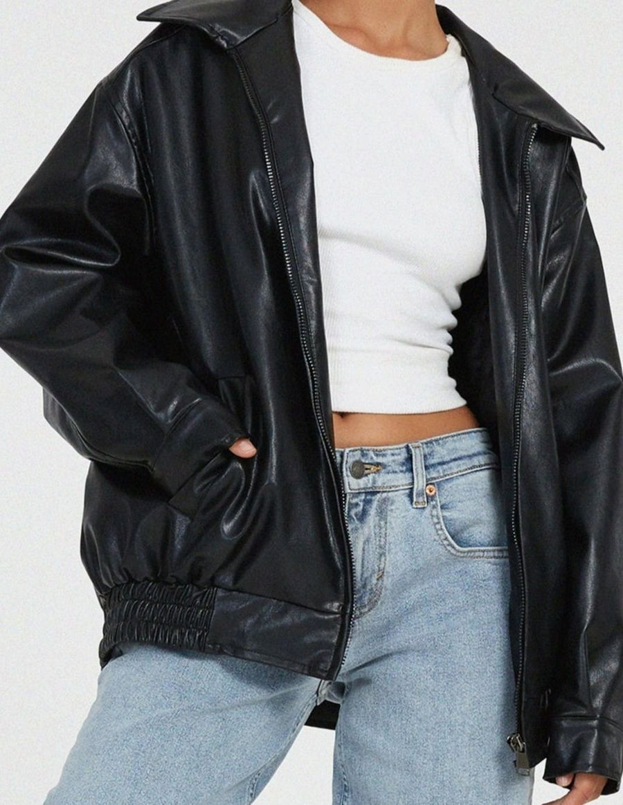 Sybil | Women's Bomber Jacket – Oversized Faux Leather Zip-Up view 7