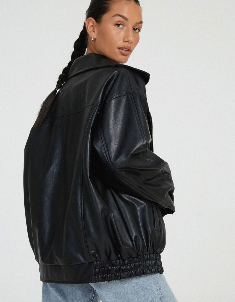 Sybil | Women's Bomber Jacket – Oversized Faux Leather Zip-Up view 8