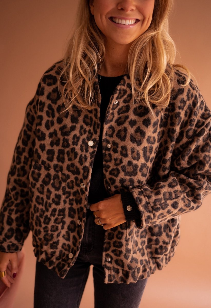 Greta | Women's Quilted Jacket – Oversized Leopard Print Snap-Button view 1