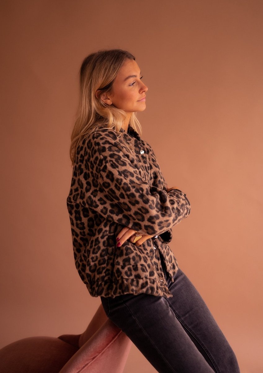 Greta | Women's Quilted Jacket – Oversized Leopard Print Snap-Button view 6
