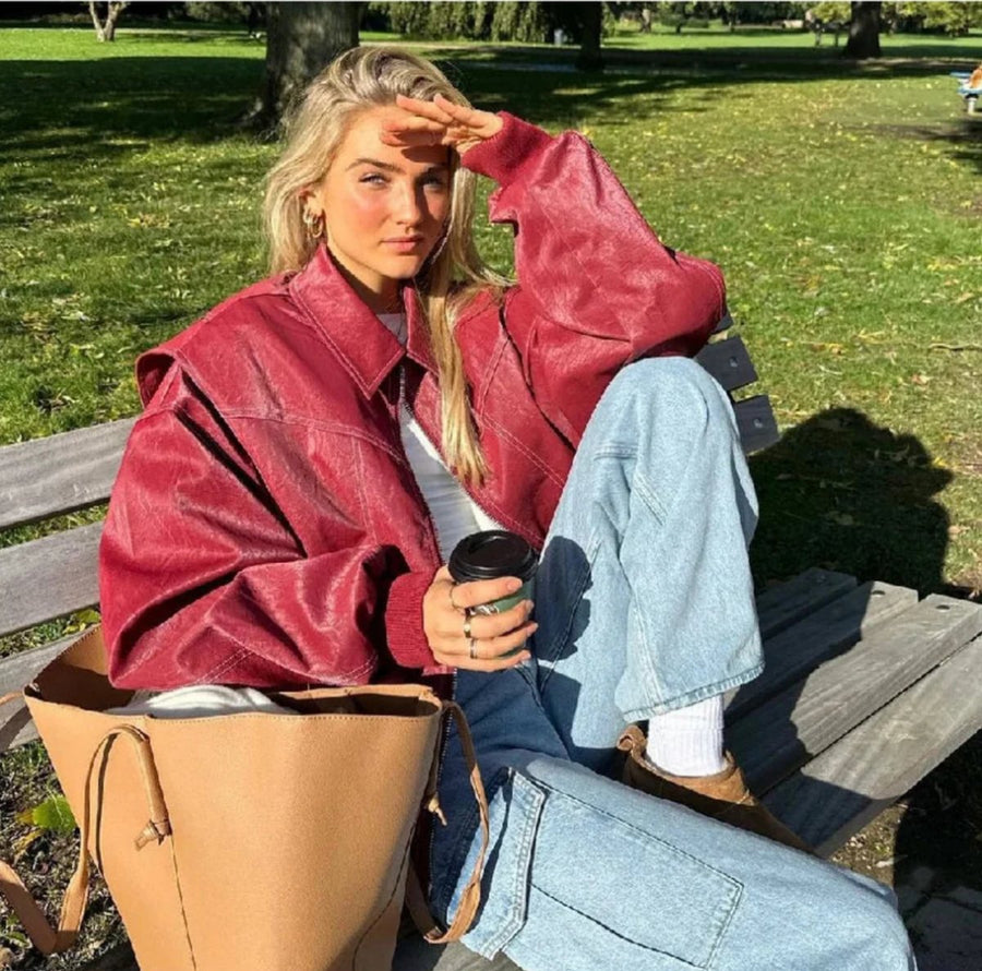 Kate | Women's Quilted Jacket – Oversized Contrast Stitch Bomber view 4