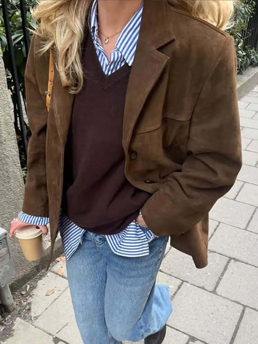 Genevieve | Women's Blazer – Oversized Suede Long Sleeve view 3