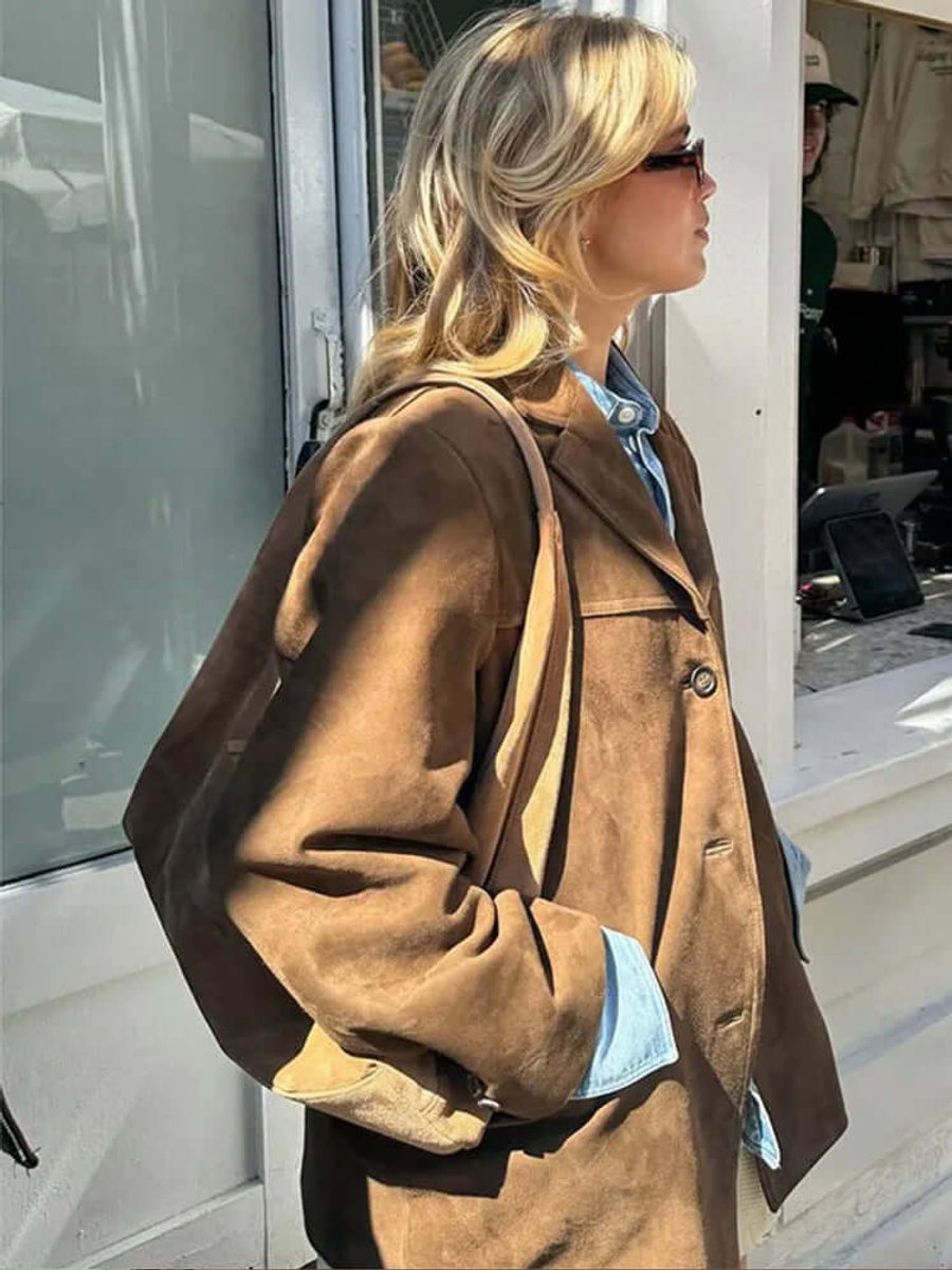 Genevieve | Women's Blazer – Oversized Suede Long Sleeve view 4