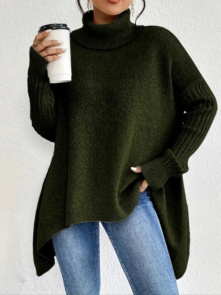Tamara | Women's Cowl Neck Sweater – Asymmetric Hem Relaxed Knit Pullover view 2