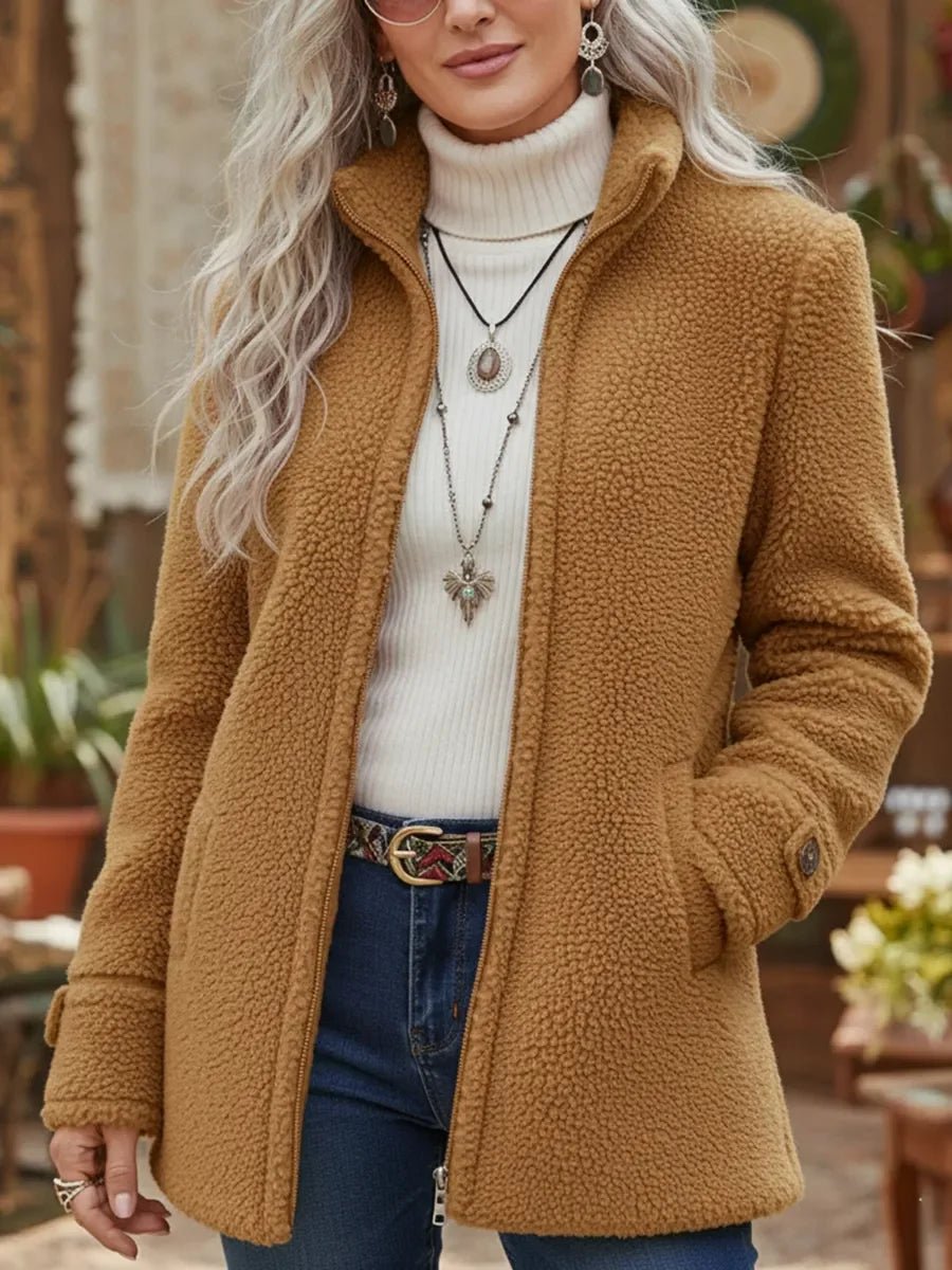 Della | Women's Teddy Coat – Fleece Full-Zip Stand Collar view 3
