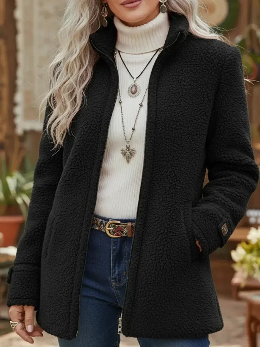 Della | Women's Teddy Coat – Fleece Full-Zip Stand Collar view 4