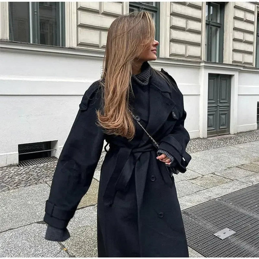 Bridget | Women's Trench Coat – Long Double-Breasted Belted Wool-Look view 3