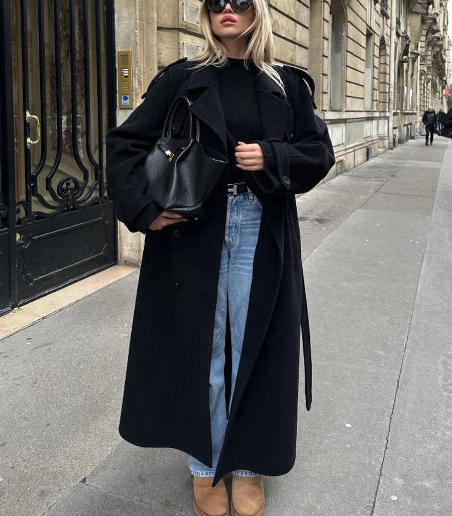 Bridget | Women's Trench Coat – Long Double-Breasted Belted Wool-Look view 6