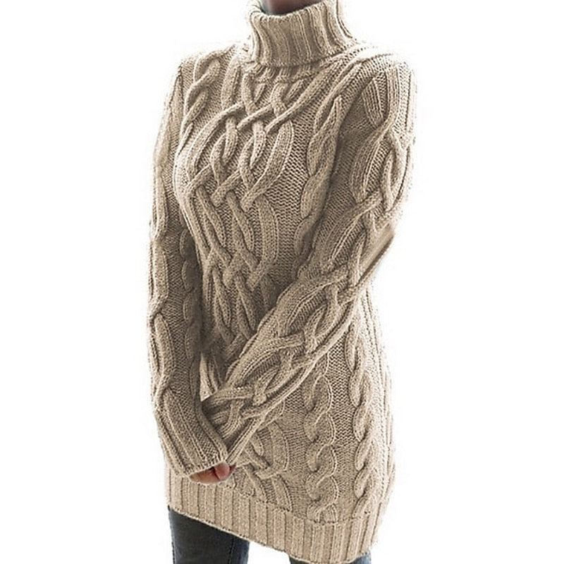 Thea | Women's Turtleneck Sweater Dress – Cable Knit Long Sleeve Midi Dress view 3
