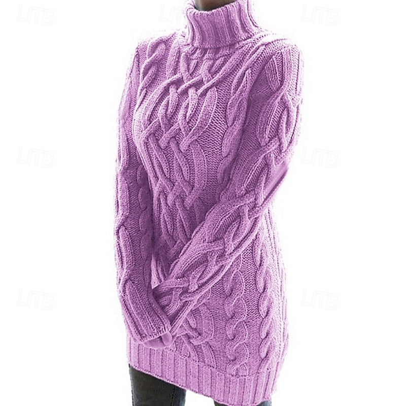 Thea | Women's Turtleneck Sweater Dress – Cable Knit Long Sleeve Midi Dress view 2
