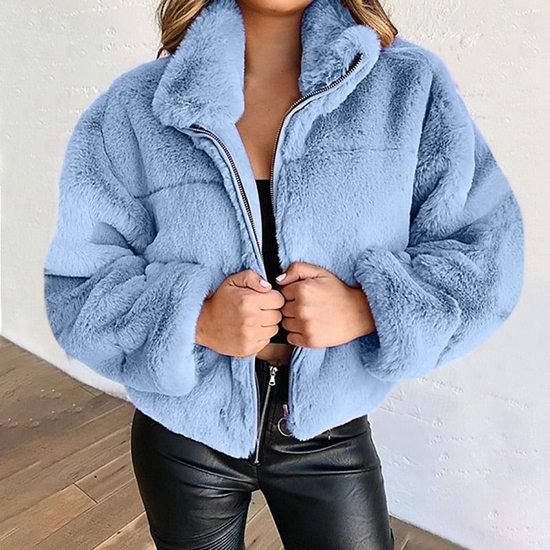 Estelle | Women's Teddy Jacket – Cropped Plush Zip Up Jacket view 3