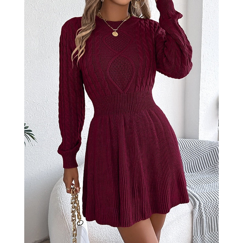 Whitney | Women's Cable Knit Sweater Dress – Fitted Waist Midi Winter Dress view 9