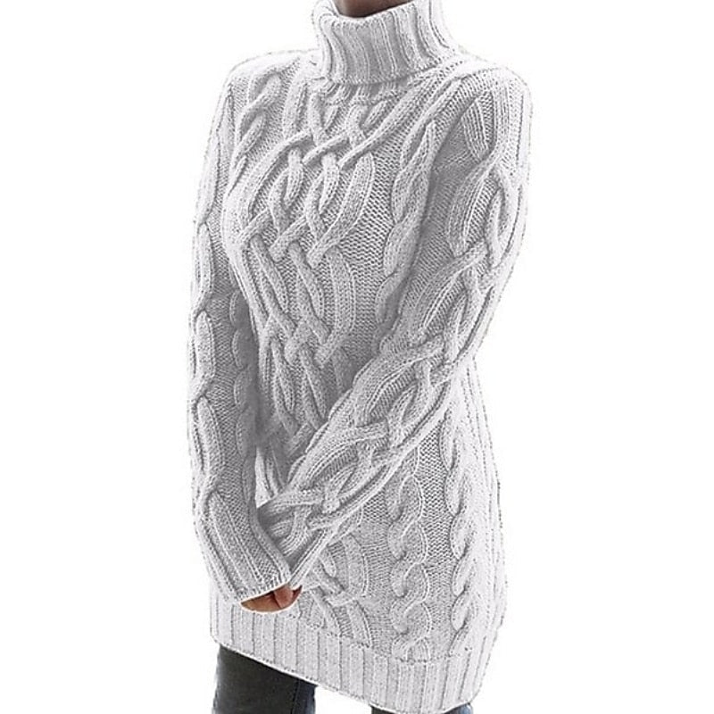 Thea | Women's Turtleneck Sweater Dress – Cable Knit Long Sleeve Midi Dress view 5